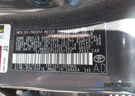 2013 Toyota Corolla Le из США, поврежденный, VIN 2T1BU4EE3DC937140